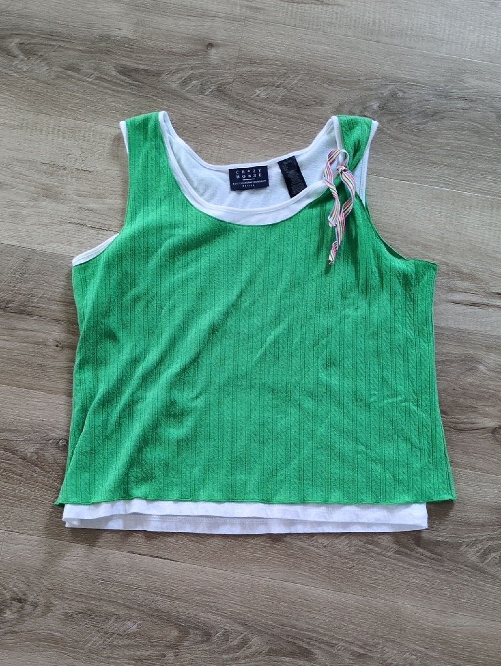 Crazy Horse Green Layered Tank Top with White Trim and Ribbon Accent
